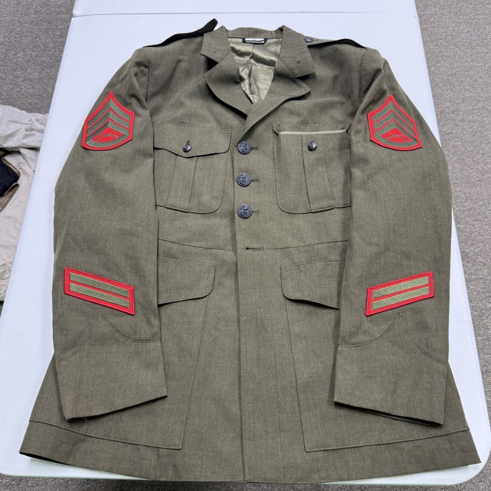 USMC Service Alpha Uniform Jacket Mens 46L Olive Green Good Staff Sergeant Rank